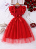 Girls' plus/minus size dress, ruffle flutter sleeve ribbed knit mesh round neck summer casual dress