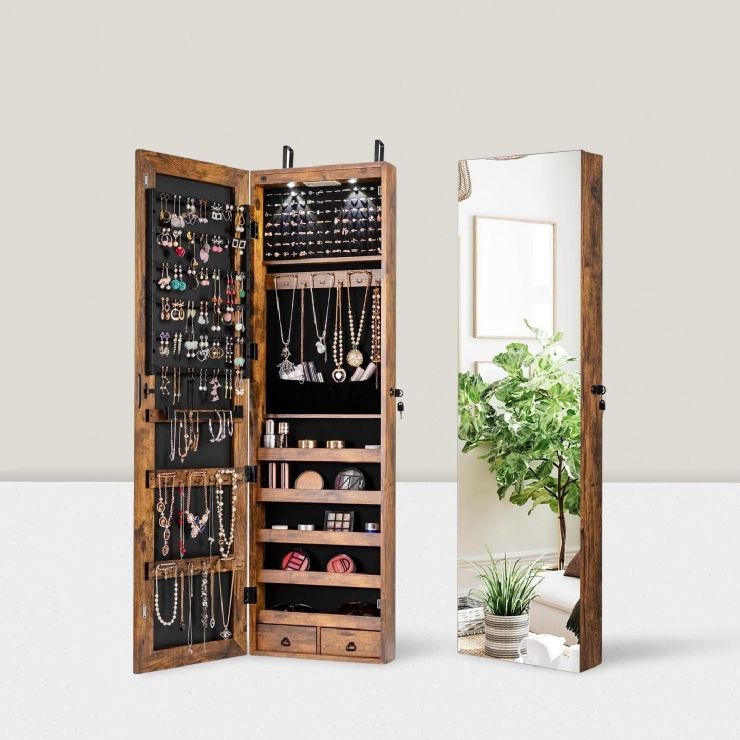 Solid wood floor-to-ceiling full-body mirror cabinet dressing mirror multi-functional jewelry storage fitting mirror cabinet bedroom