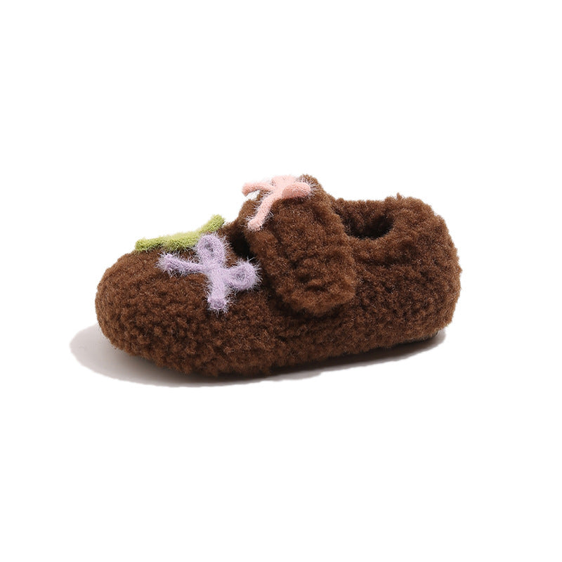 ins French fluffy shoes 2025 winter new Korean version of girls cute color matching bow soft sole velvet cotton shoes
