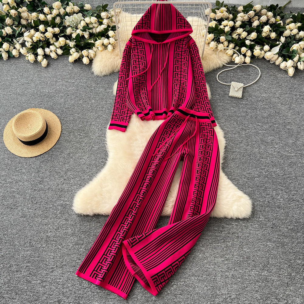 Women's fall/winter sweater and pants set - european & american style, niche design, casual & versatile, long sleeve hooded printed knit top & outerwear