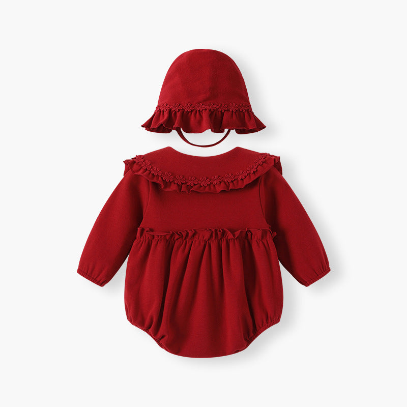 Spring autum baby girl full moon 100 days red festive princess romper autum baby doll collar cute jumpsuit