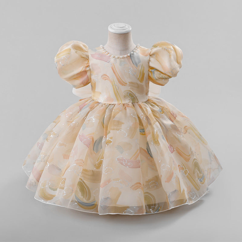 New arrival pearl collar girls dress colorful puff sleeves baby one year old dress bows girls princess dress