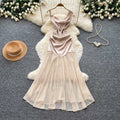 French riviera style sleeveless satin one-shoulder dress - women's summer high-waisted patchwork elegant maxi dress