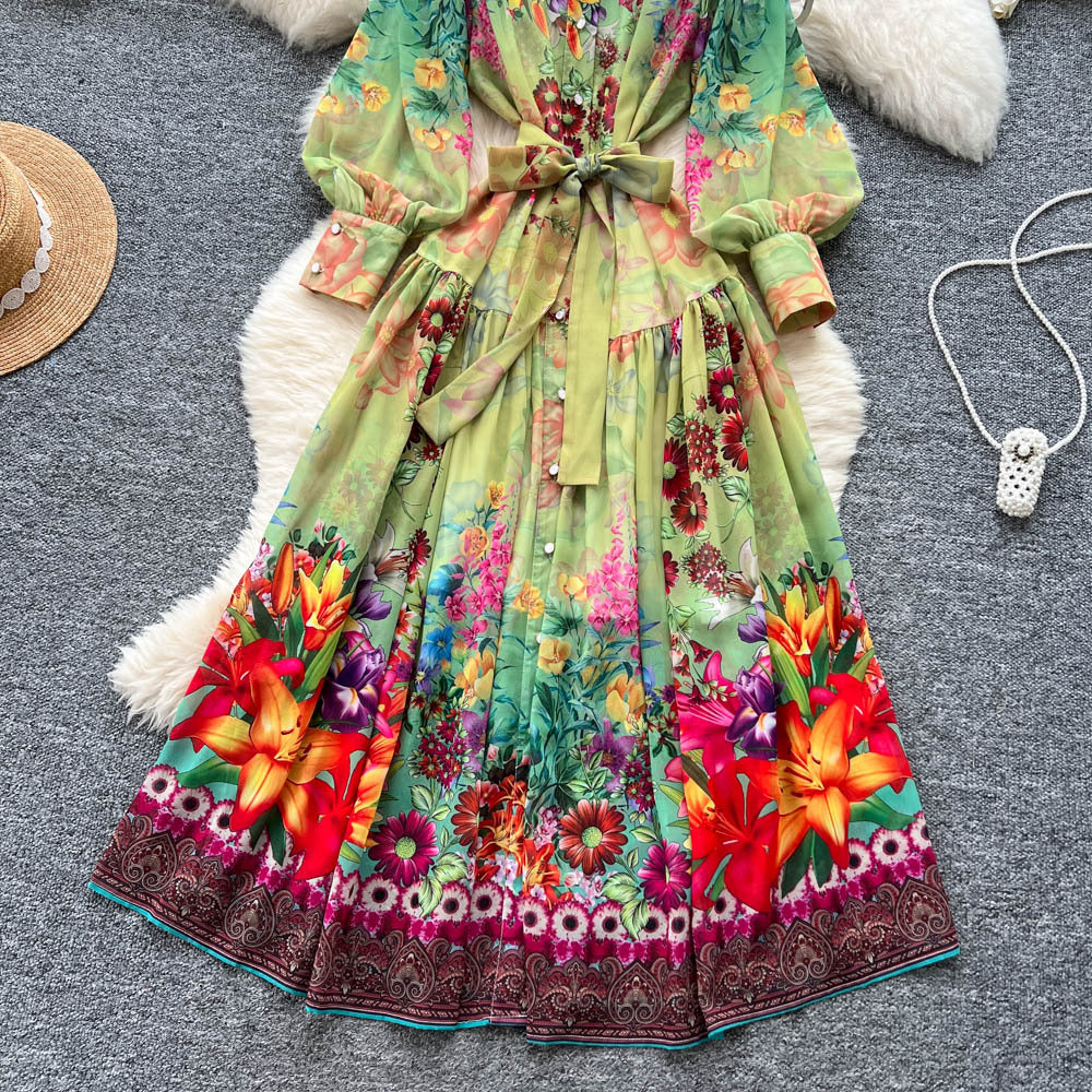 European and american style printed lantern sleeve dress - women's summer single-breasted belted slimming high-end design maxi dress