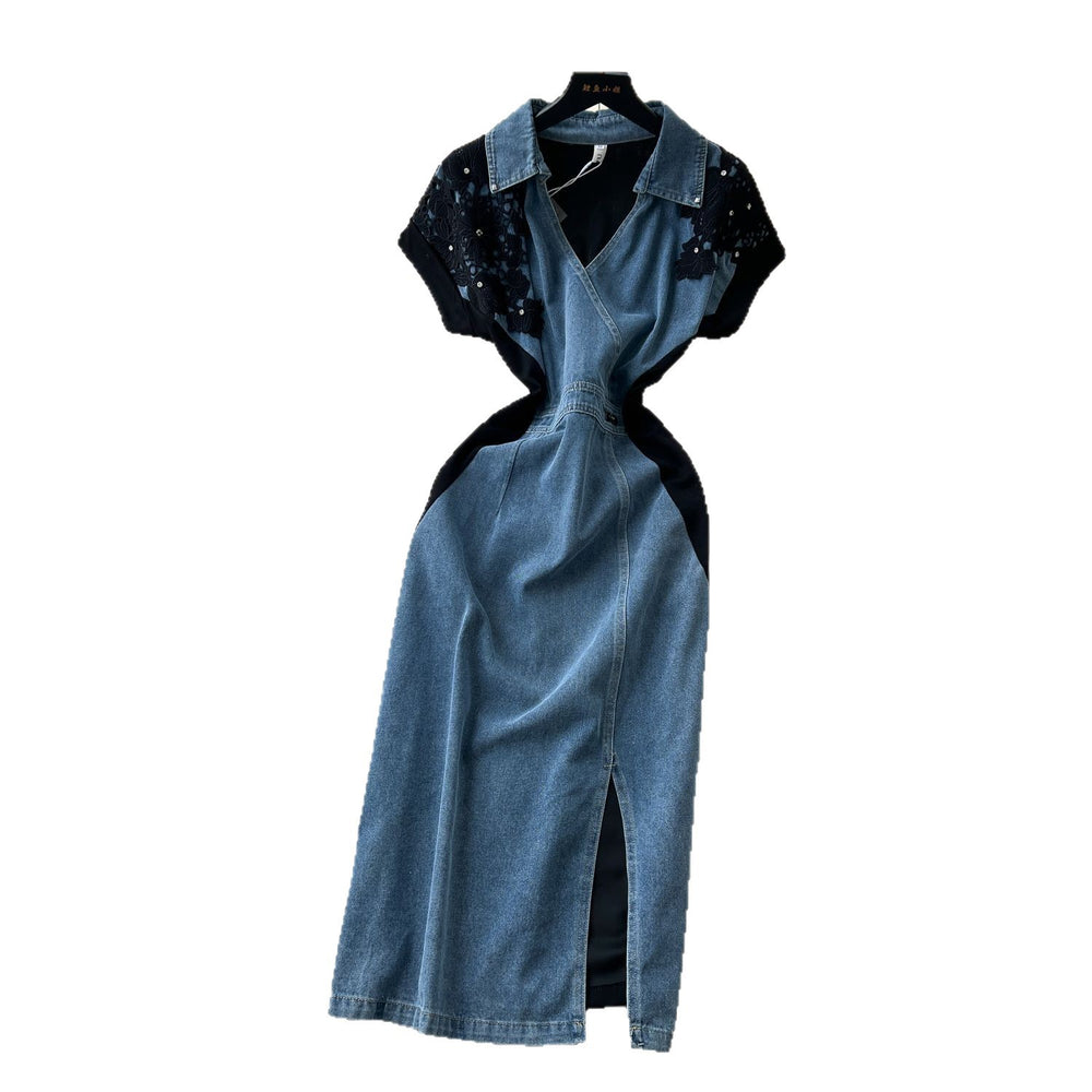 Sophisticated chic: handcrafted, diamond-accented lace patchwork polo collar denim mini dress - a unique summer staple