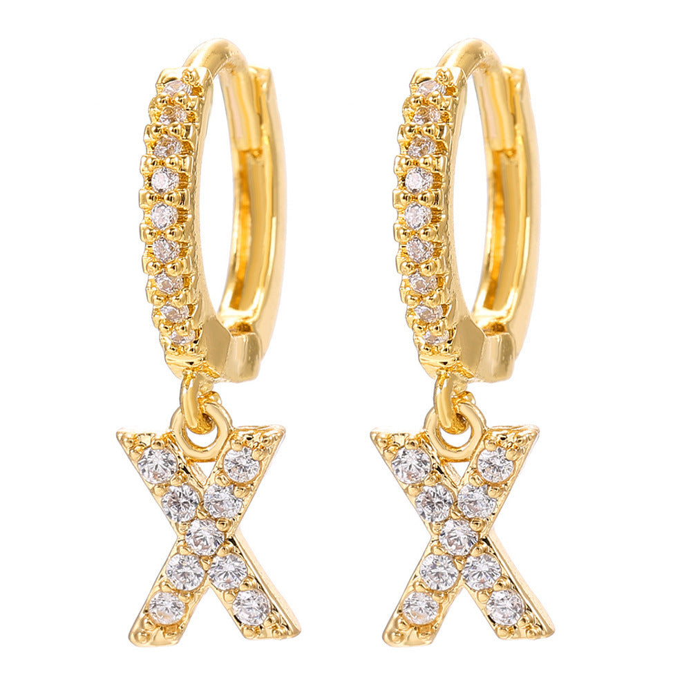 European and american gold-plated micro-paved zircon 26-letter initial pendant earrings - fashionable, unique, high-end, and chic hoop earrings with tassel detail