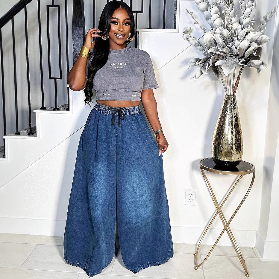 European and american style loose fit jeans - new women's casual streetwear wide leg pants with elastic waistband for  cross-border e-commerce
