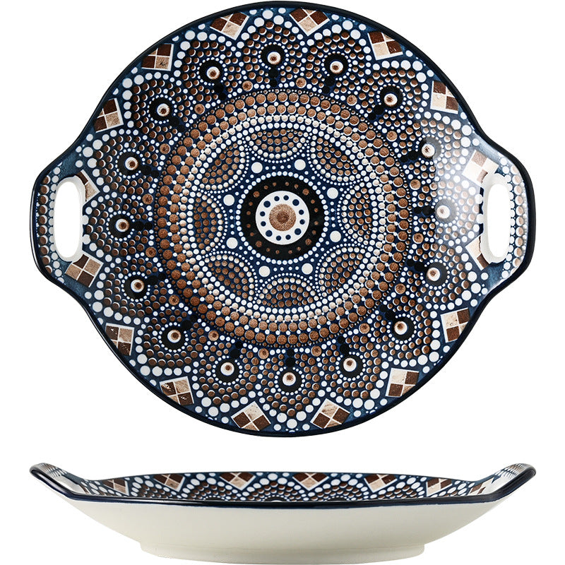 Creative bohemian style bowl and plate set - underglaze color home ceramic tableware - exotic double-handled plate