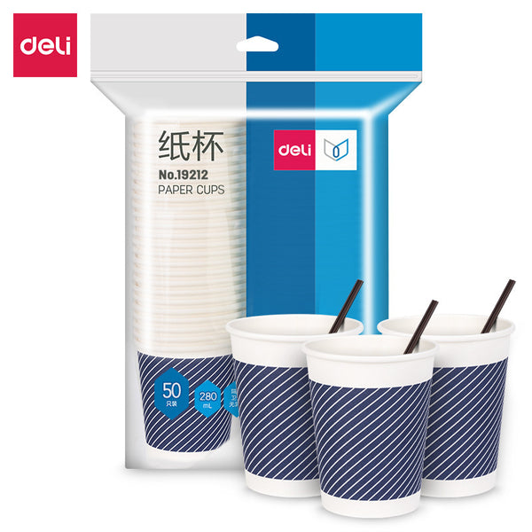 Deli 19212 paper cup disposable cup beverage drinking cup 280ml bamboo pulp paper with stirring stick 50pcs/bag