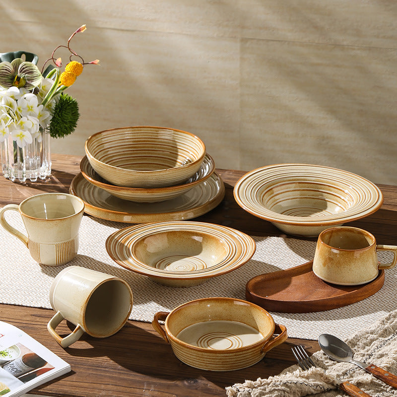 Retro stoneware ceramic tableware restaurant hotel stylish thread western food steak plate for home high-looking deep plate soup plate