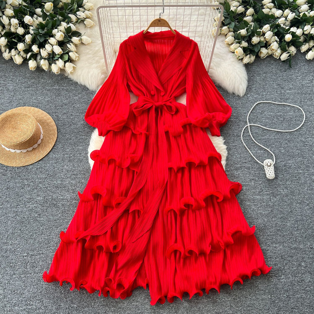 2025 new elegant spring dress: high-end vintage collar lantern sleeve ruched waist ruffle pleated dress for women