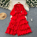 2025 new elegant spring dress: high-end vintage collar lantern sleeve ruched waist ruffle pleated dress for women