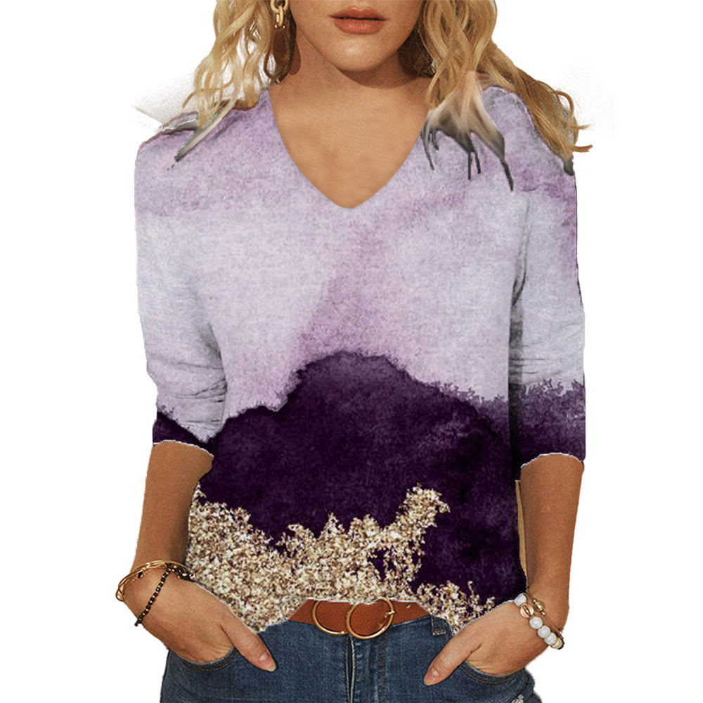 2025 cross-border amazon women's casual printed v-neck 3/4 sleeve t-shirt top - in stock