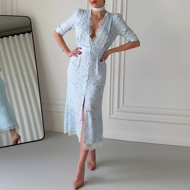 summer new arrivals: cross-border fashionable european and american women's clothing - elegant v-neck printed lace patchwork dress