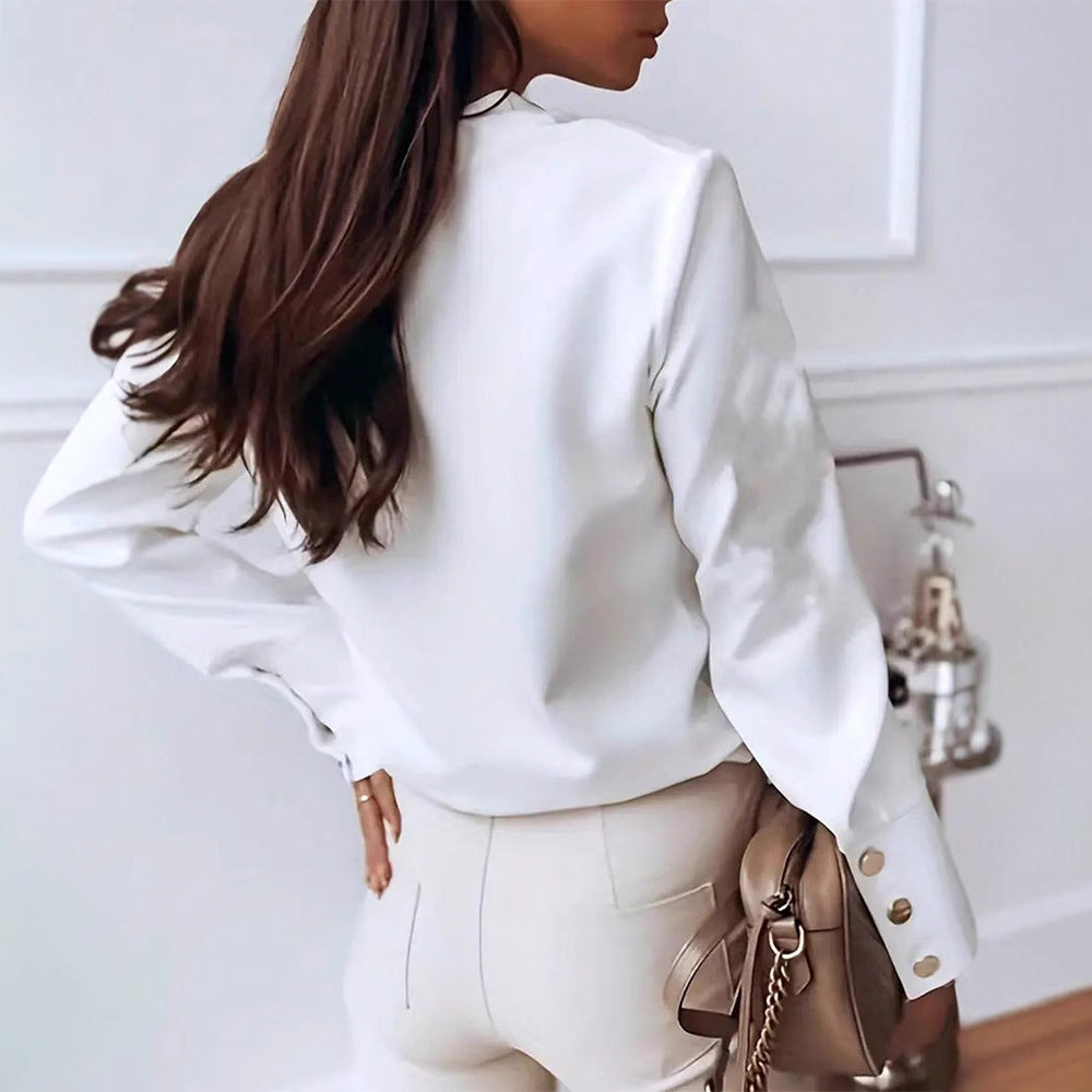 fashion women's clothing  autumn  solid color stand collar long sleeve shirt casual top