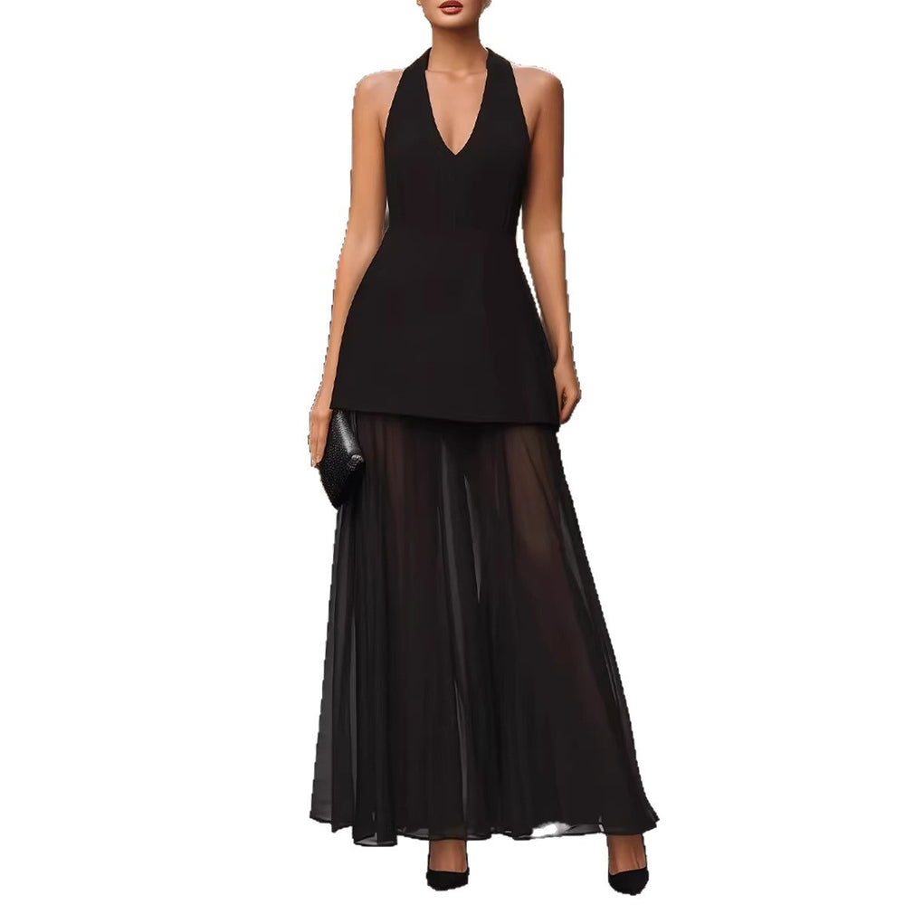 european and american cross-border women's fashion: chic v-neck sleeveless halter backless top with high-waisted mesh midi skirt set
