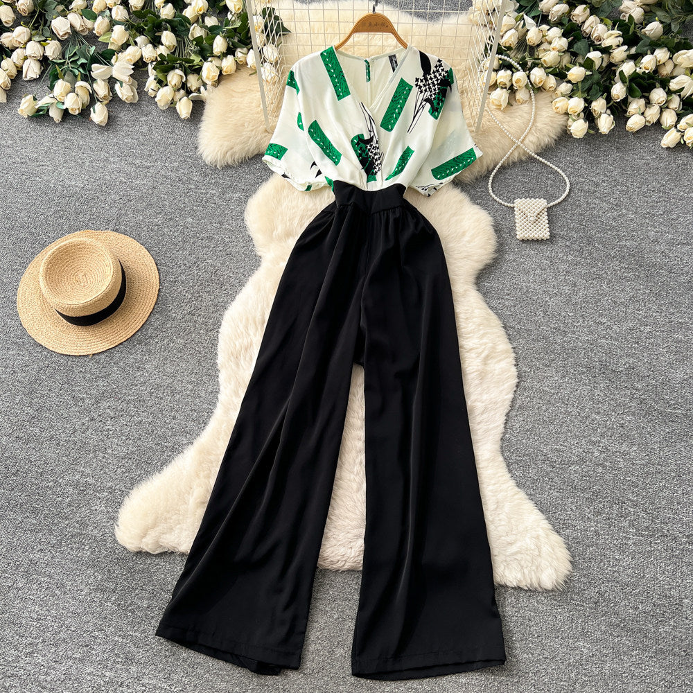Korean style commute v-neck printed jumpsuit - women's summer high-waisted wide-leg slimming and flattering trousers