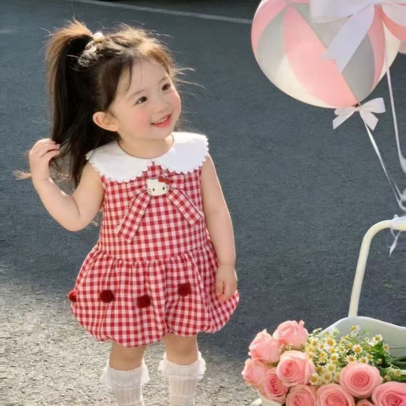 Summer new bowknot tank top princess dress for girls, korean style cartoon cat sweet plaid fresh dress