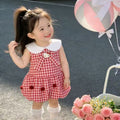 Summer new bowknot tank top princess dress for girls, korean style cartoon cat sweet plaid fresh dress
