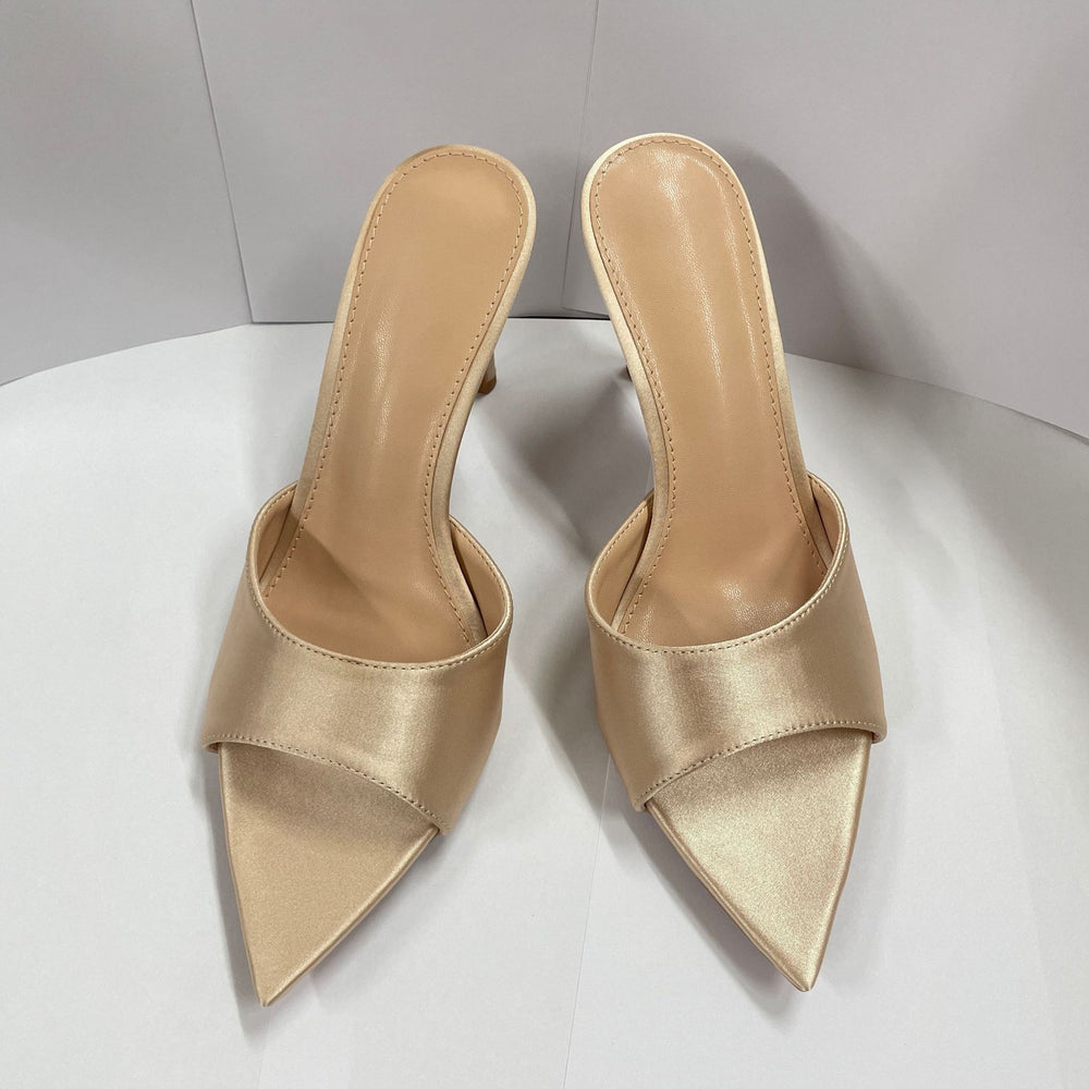 Silk satin elegant high heel slippers - women's summer must-have: stunning, versatile, minimalist, single strap stiletto, pointed toe, sexy outdoor wear