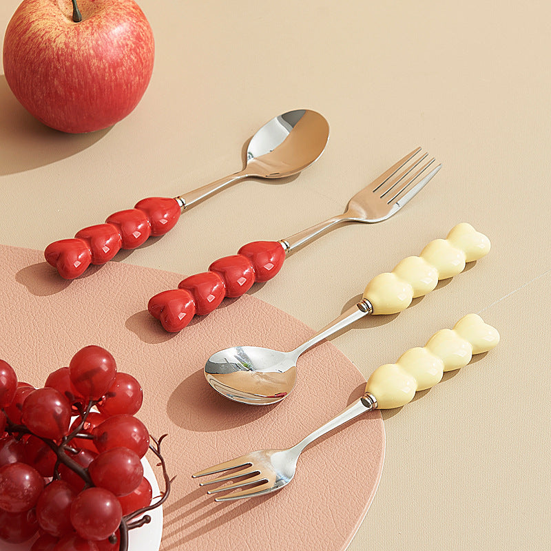 Heart-shaped ceramic stainless steel fork and spoon set - high-temperature underglaze decoration - wedding & celebration dinnerware - wholesale