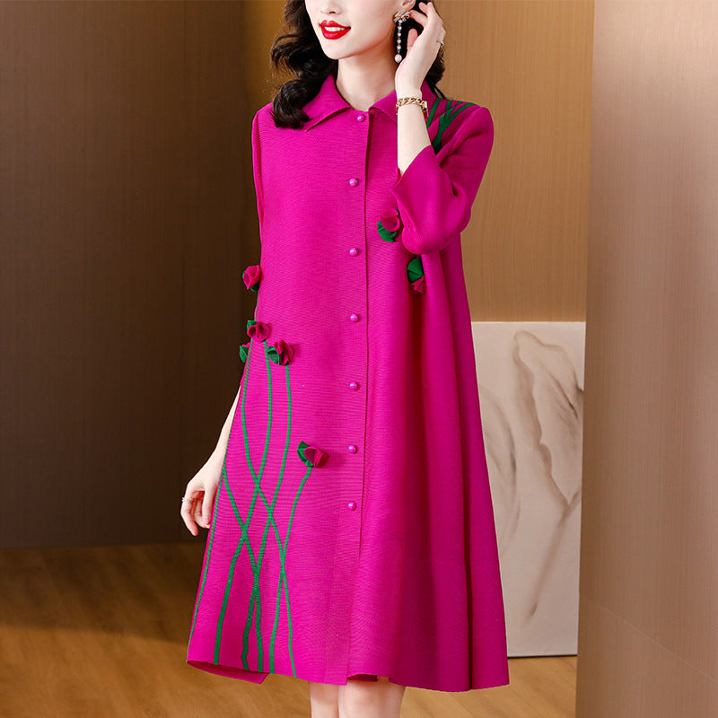 Pleated plus-size dress - new autumn 2024 collection - collared, printed, loose fit, plus-size, slimming, single-breasted cardigan