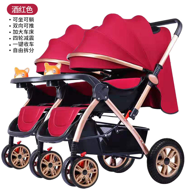 Twin stroller - lightweight, high-view, portable, convertible (sitting/reclining), detachable, double baby stroller, foldable, universal fit