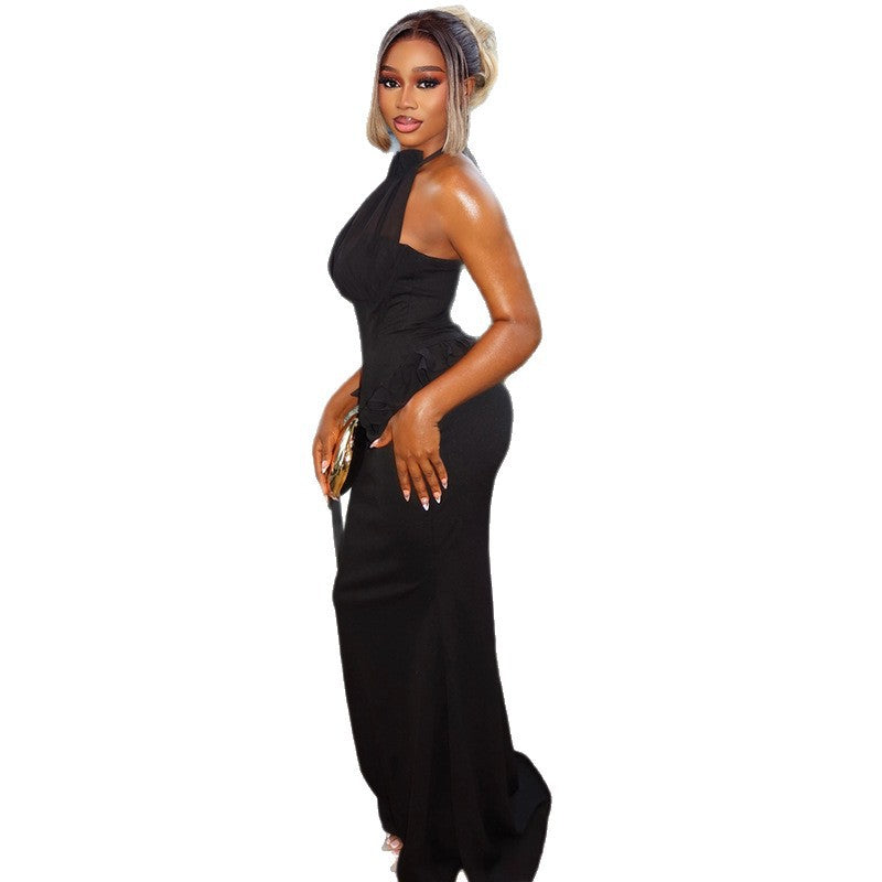 Fashion styleexportpure color women's clothing silmelegant pleated hip skirt slim hanging collar sleeveless classylongdress