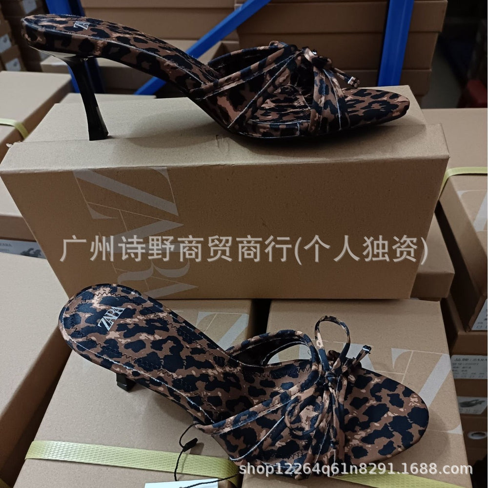 Za new 2024 fashion high heel pointed toe open toe leopard print thin one-strap bow detail backless mules sandals for women