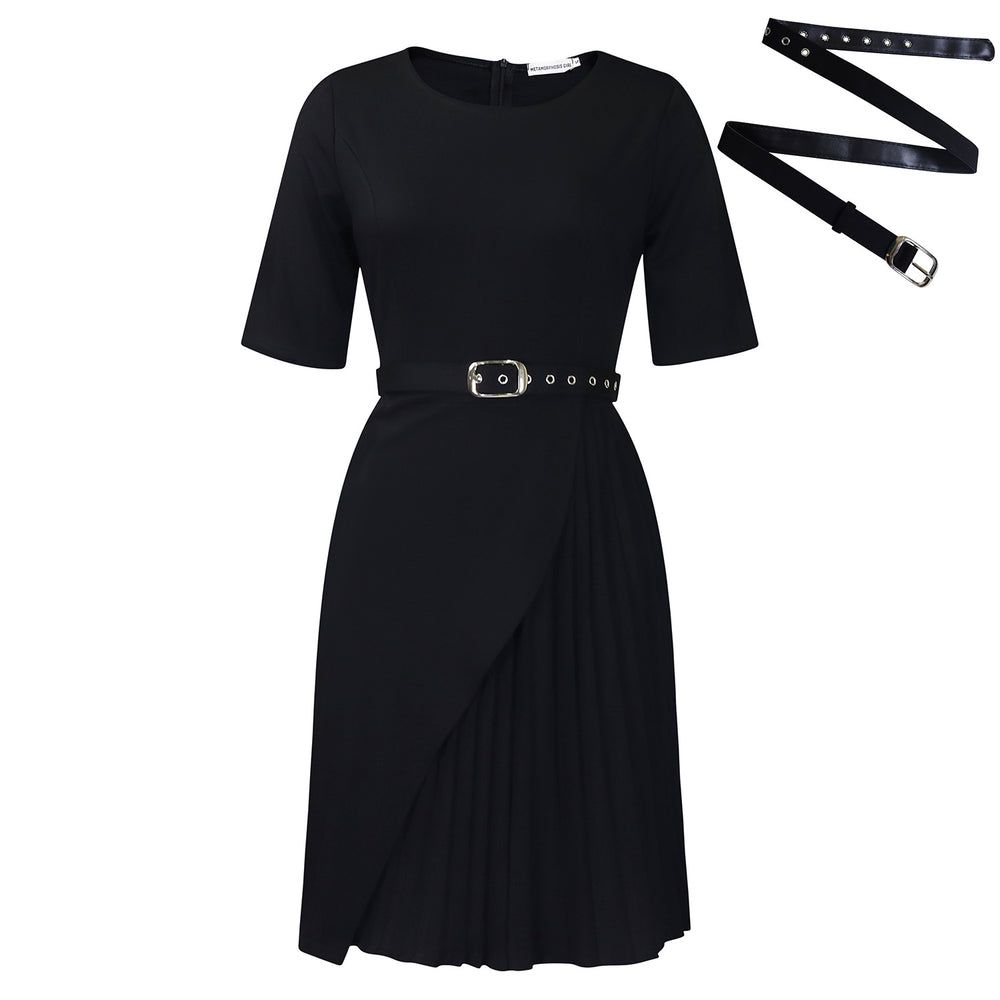 D567export women's clothing fashionpure colorfashioneleganthalf length sleeve high waist pleated work clothinghigh waist cross-border dress