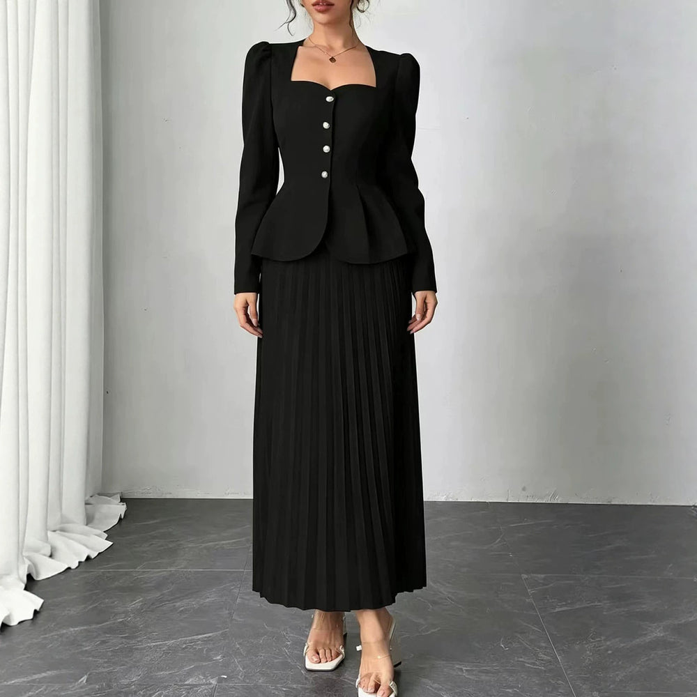 fashionsummernew arrival square collar waist suit long sleeves topspleated long skirtelegant two pieces