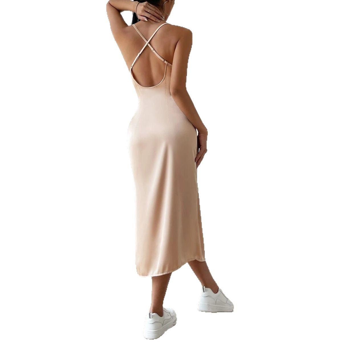 satin suspender dress, summer new split-ended medium and long satin a-word skirt high-end