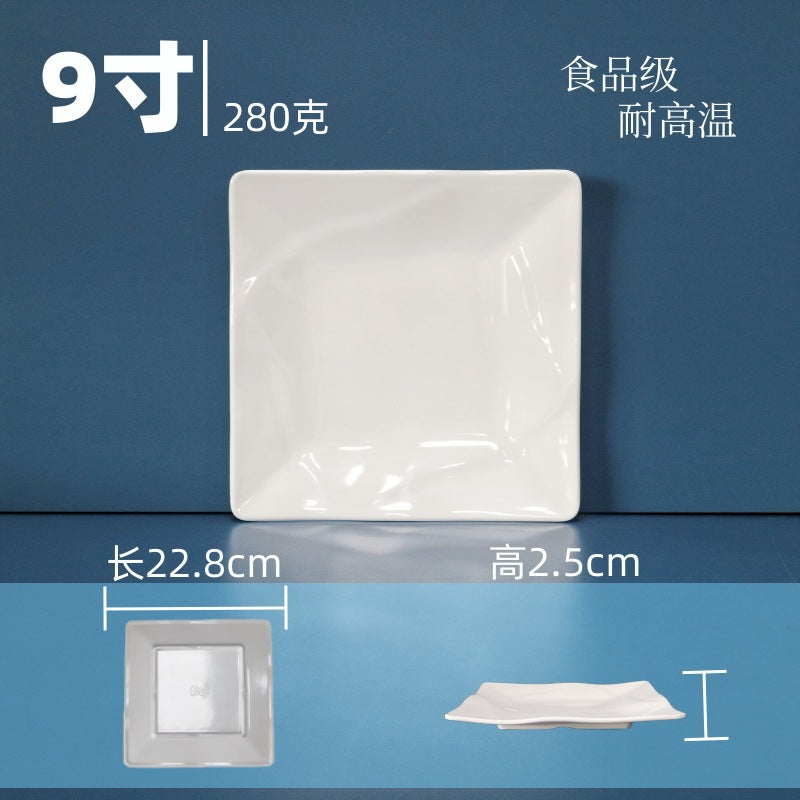 White square melamine dinnerware set - western style plates, fast food plates, covered fried rice/sauce dishes - wholesale for student cafeterias and dining halls