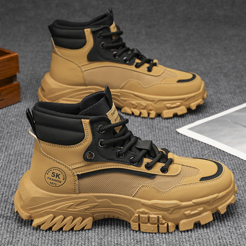 Men's work boots: spring outdoor hiking, anti-slip, wear-resistant, work, sports, thick sole, height increasing, black martin boots