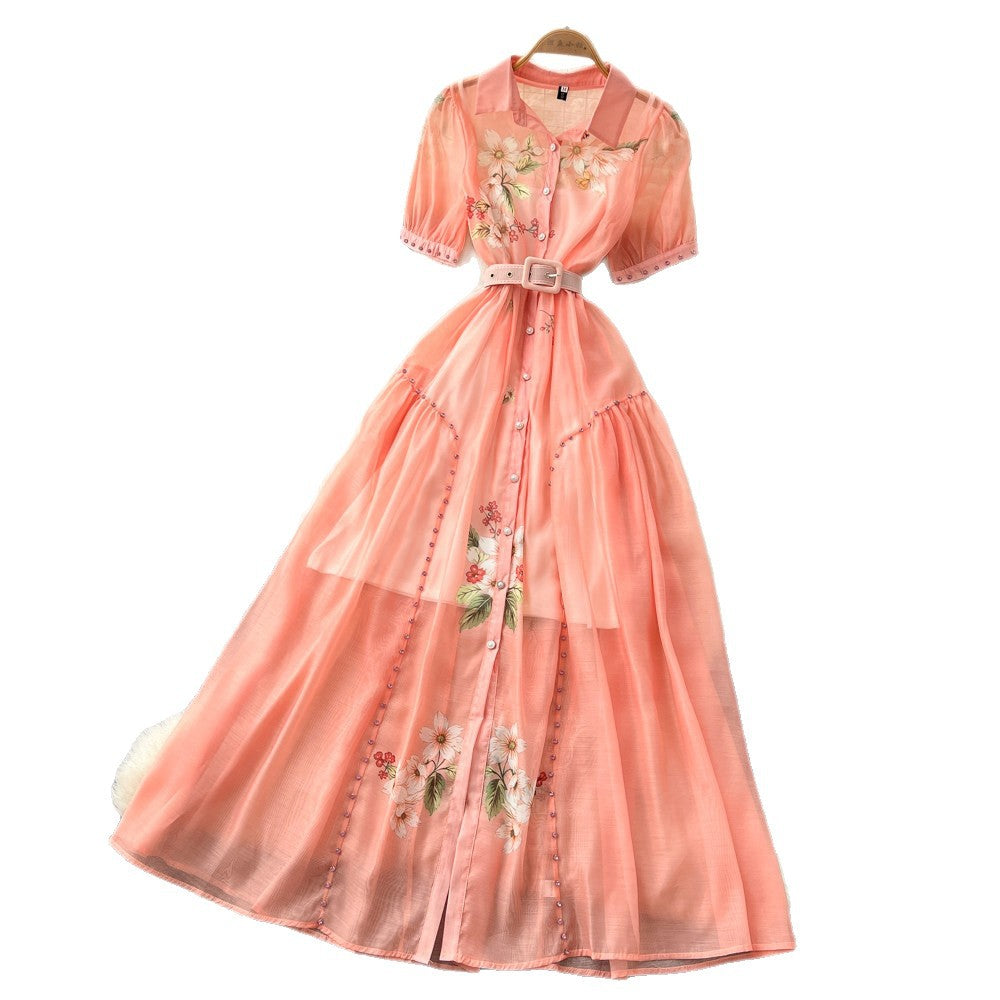 Elegant bubble sleeve floral embroidered dress - korean style, cinched waist, a-line silhouette, soft & chic, perfect for work