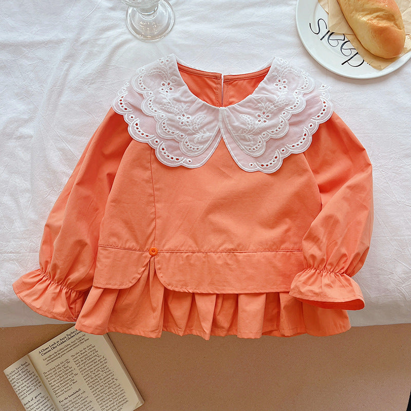 Girls'  autumn new collection: korean-style sweet lace peter pan collar faux two-piece shirt, long-sleeved spring/autumn top - trendy