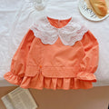 Girls'  autumn new collection: korean-style sweet lace peter pan collar faux two-piece shirt, long-sleeved spring/autumn top - trendy