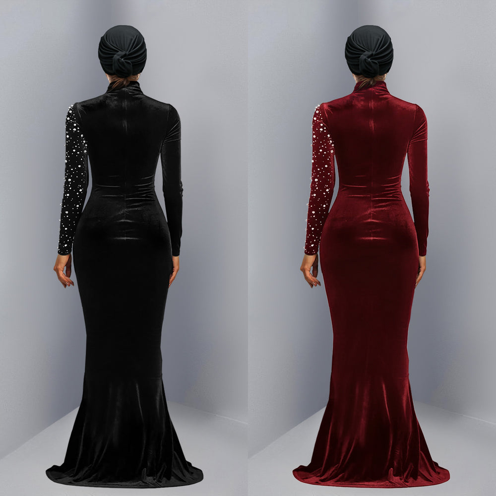C7616 cross-border   fashion women's elegant velvet rhinestone dress