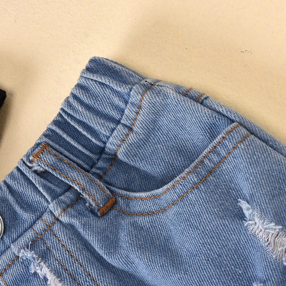 Aliexpress best selling children's clothing mesh patchwork solid color clothes ripped raw edge jeans children's suit cross-border exclusive supply