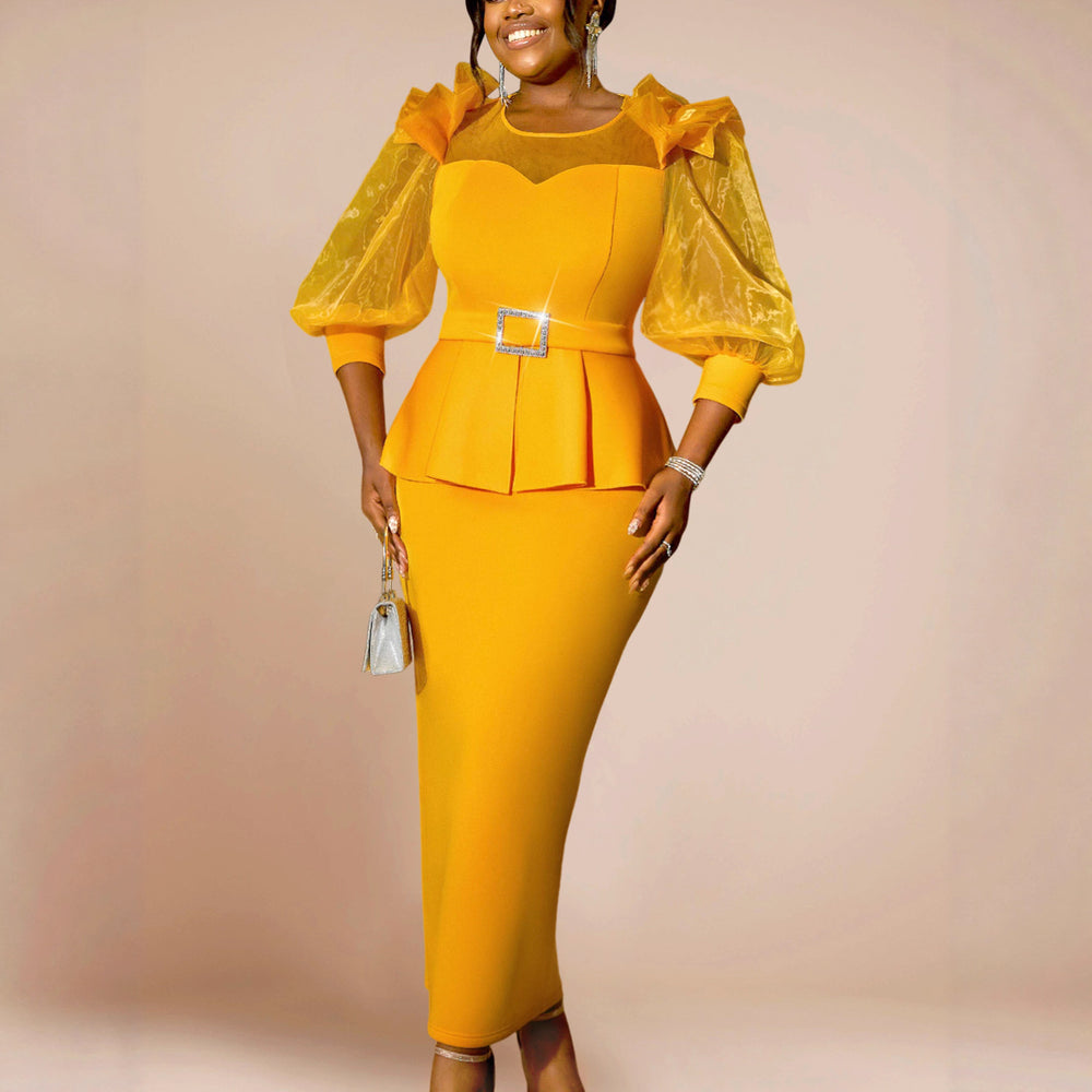 African fashion plus size round neck mesh bubble sleeve dress ruffle hem bodycon party gown