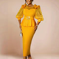 African fashion plus size round neck mesh bubble sleeve dress ruffle hem bodycon party gown