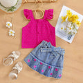 hot-selling girl lotus leaf small flying sleeve texture tops peach heart embroidered washed denim skirt suit