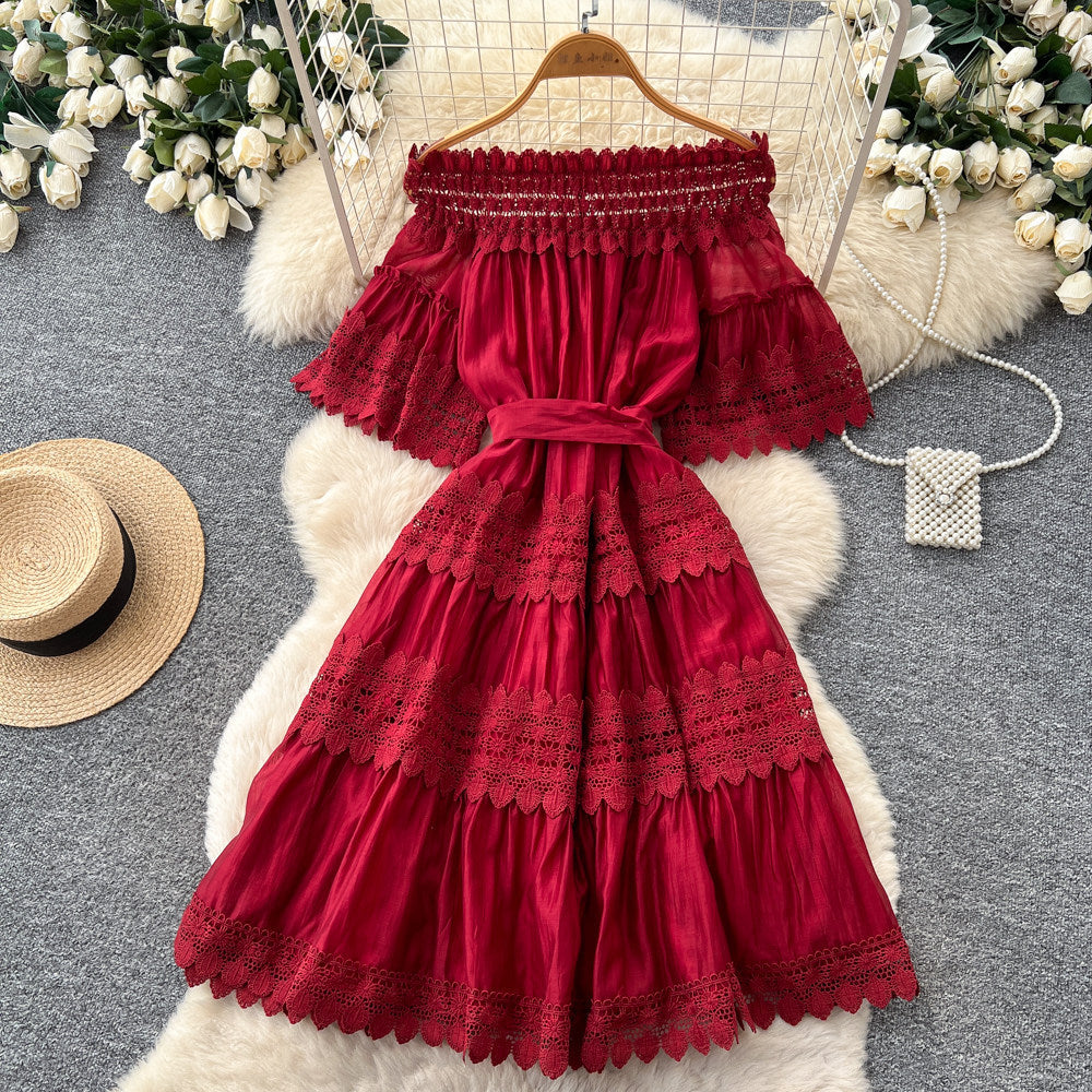 French romantic one-shoulder lace patchwork dress - women's summer short sleeve red slim-fit elegant maxi dress