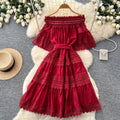 French romantic one-shoulder lace patchwork dress - women's summer short sleeve red slim-fit elegant maxi dress