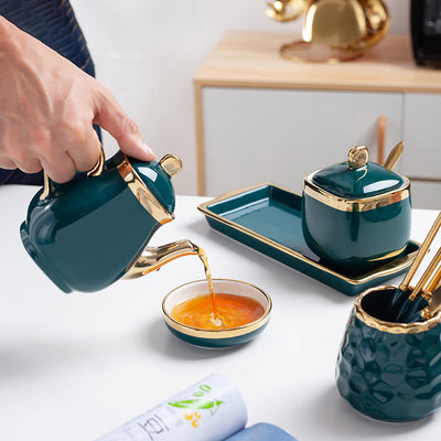 Luxury ceramic seasoning set - home kitchen utensils, spice jars, oil dispenser set with tray, wholesale seasoning containers