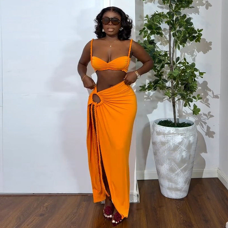 European and american women's clothing  autumn new sweet and fresh camisole slimming drawstring waist midi skirt two-piece set