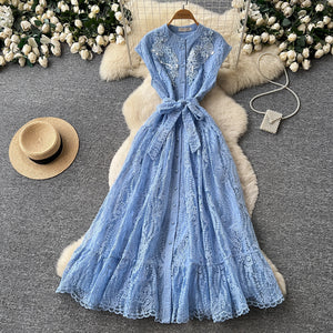 French white lace embroidered dress - women's summer high-waisted a-line dress - commute-friendly, elegant, and chic maxi dress - new for