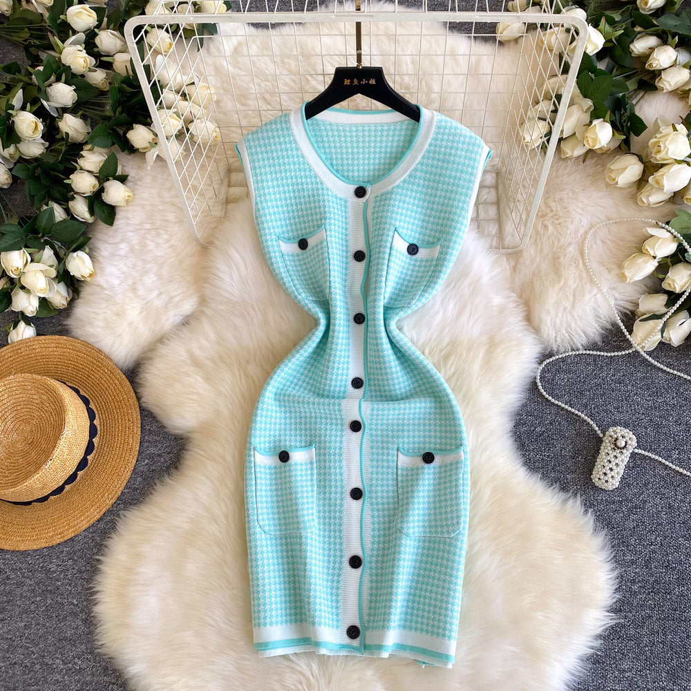 Accessible luxury thousand gold wind sleeveless grids knittingdress women's waist slimming design classy unique chic skirt