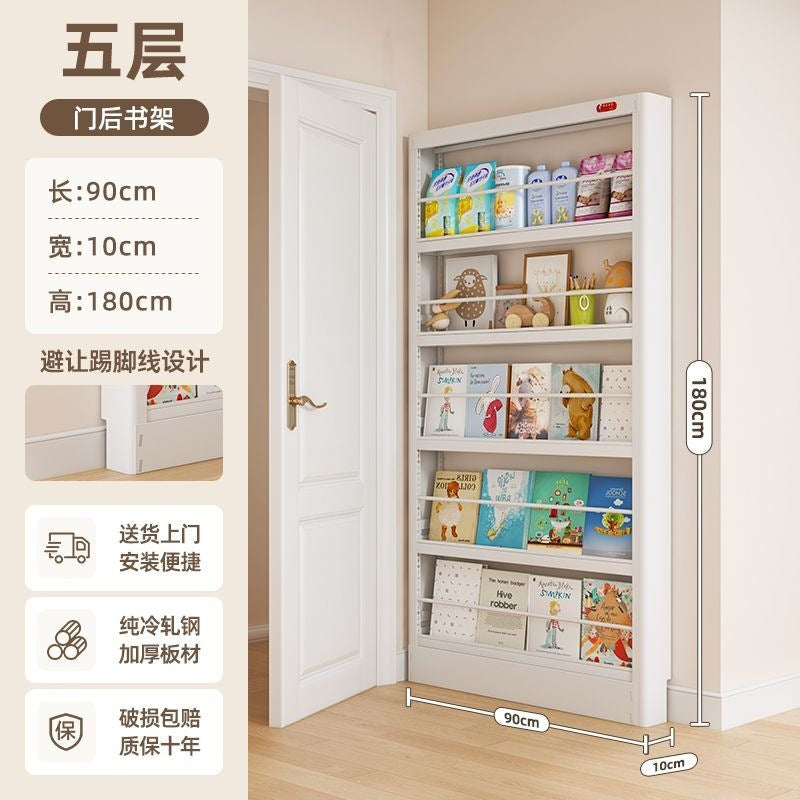 Behind-the-door bookshelf, ultra-slim over-the-door organizer, steel kids' storage rack for picture books, home wall bookshelf