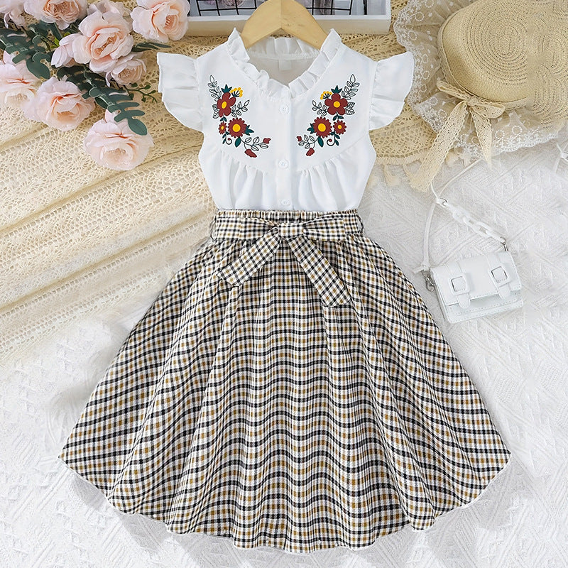 girls' summer dress: cute flutter sleeve printed faux two-piece patchwork plaid a-line skirt for kids